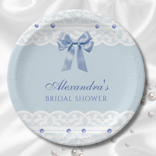 Dusty Blue Regency Pearl Satin Bow Bridal Shower Paper Plate