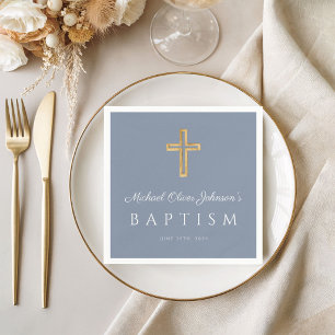 Dusty Blue Religious Cross Boy Baptism Napkin