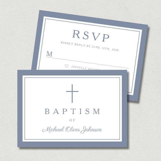 Dusty Blue Religious Cross Boy Baptism  RSVP Card (Dusty Blue Religious Cross Boy Baptism RSVP Card)