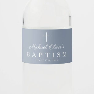 Dusty Blue Religious Cross Boy Baptism Water Bottle Label