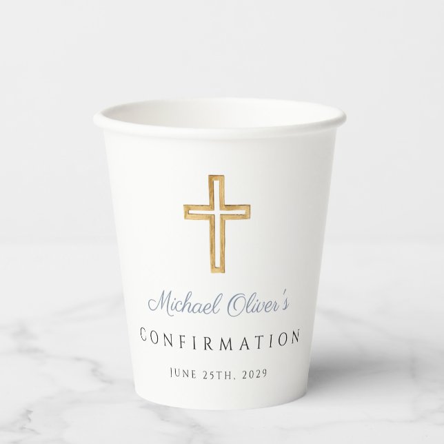 Dusty Blue Religious Cross Boy Confirmation Paper Cups (Front)