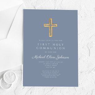 Dusty Blue Religious Cross Boy First Communion Acrylic Invitations