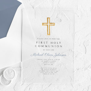 Dusty Blue Religious Cross Boy First Communion Acrylic Invitations