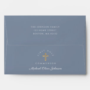 Dusty Blue Religious Cross Boy First Communion Envelope