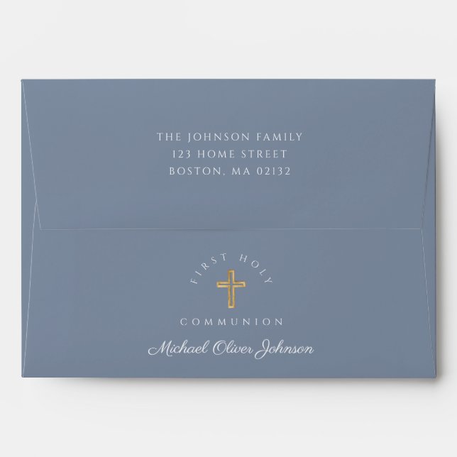 Dusty Blue Religious Cross Boy First Communion Envelope (Back (Top Flap))