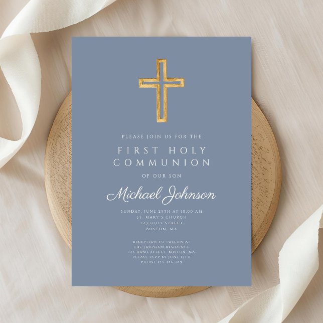 Dusty Blue Religious Cross Boy First Communion Invitation (Dusty Blue Religious Cross Boy First Communion Invitation)