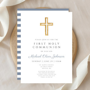 Dusty Blue Religious Cross Boy First Communion Invitation