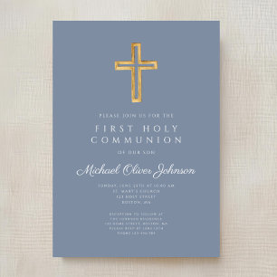 Dusty Blue Religious Cross Boy First Communion Invitation