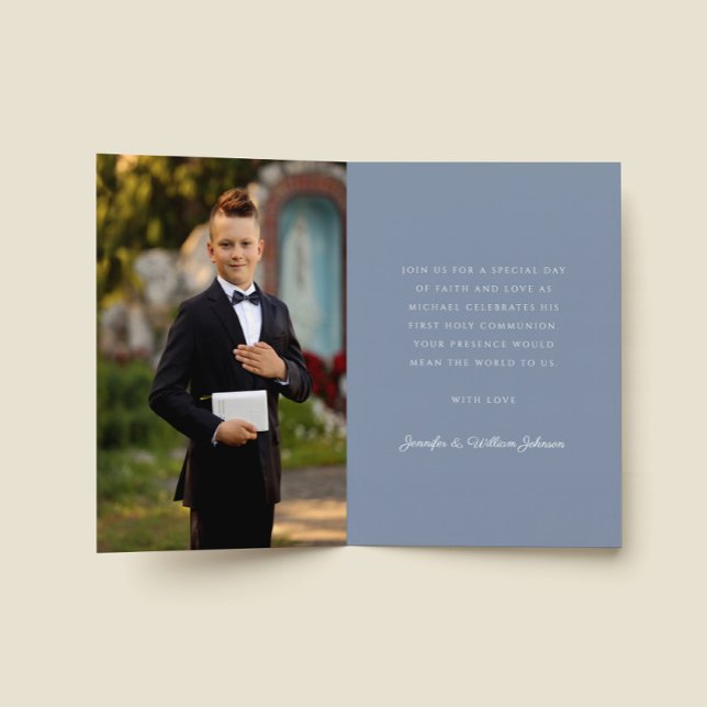 Dusty Blue Religious Cross Boy First Communion Invitation (Creator Uploaded)