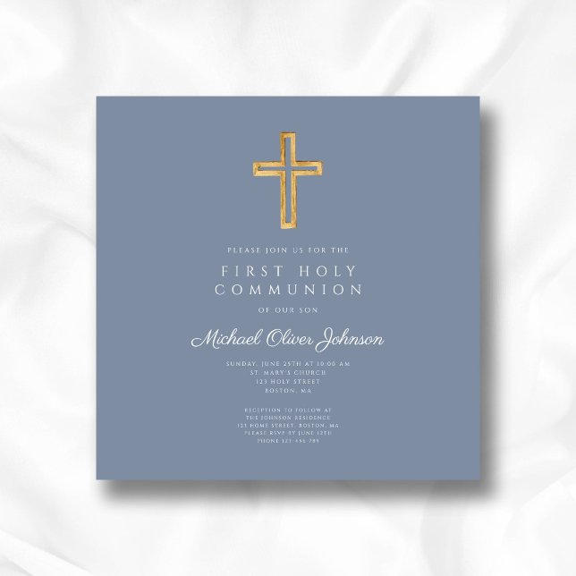 Dusty Blue Religious Cross Boy First Communion Invitation (Dusty Blue Religious Cross Boy First Communion Invitation)