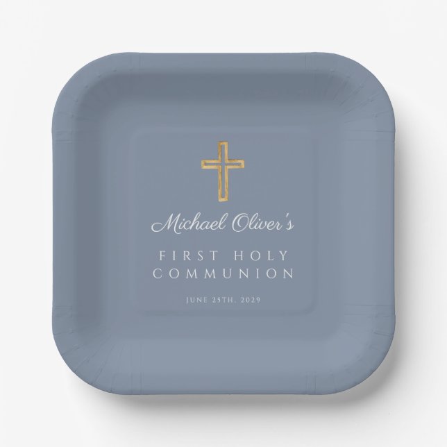Dusty Blue Religious Cross Boy First Communion Paper Plate (Front)