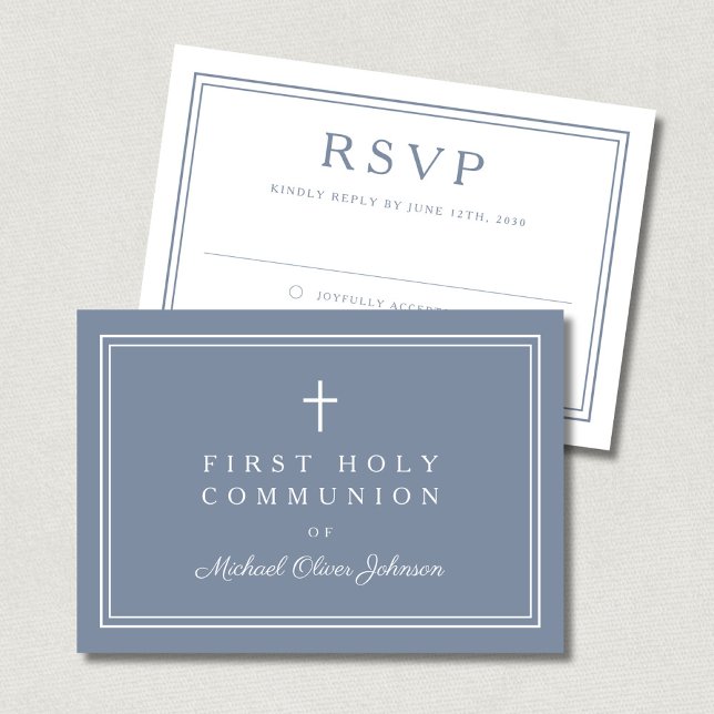 Dusty Blue Religious Cross Boy First Communion RSVP Card (Dusty Blue Religious Cross Boy First Communion RSVP Card)