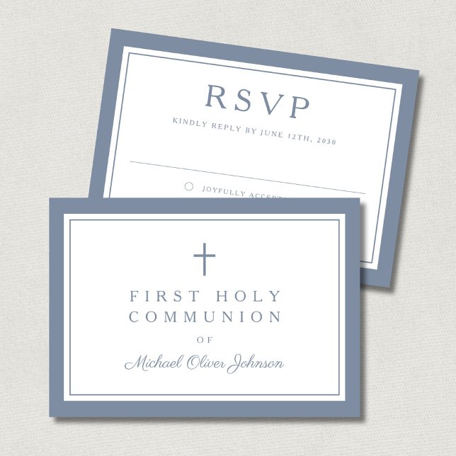 Dusty Blue Religious Cross Boy First Communion  RSVP Card (Dusty Blue Religious Cross Boy First Communion RSVP Card)
