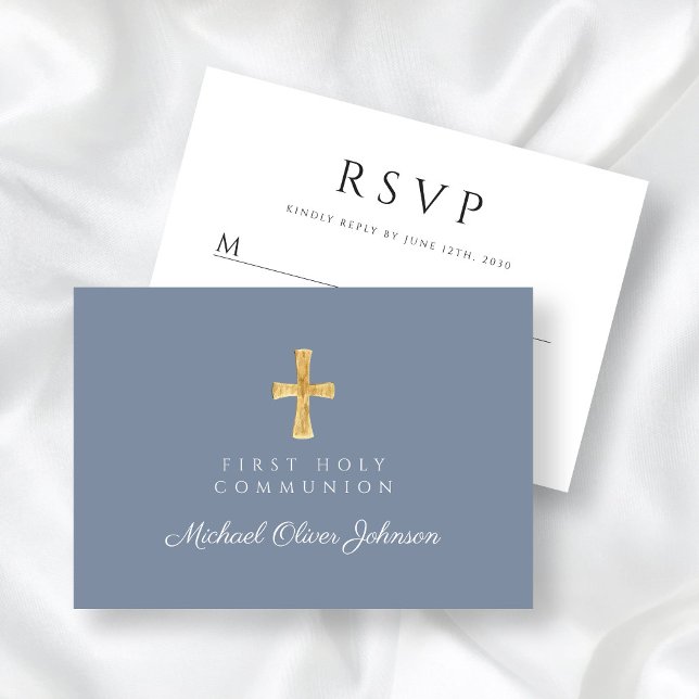 Dusty Blue Religious Cross Boy First Communion RSVP Card (Dusty Blue Religious Cross Boy First Communion RSVP Card)