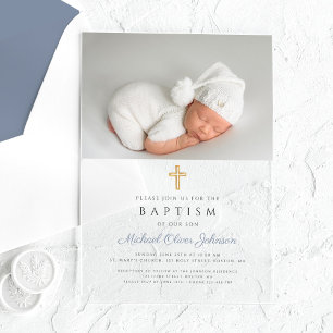 Dusty Blue Religious Cross Boy Photo Baptism Acrylic Invitations