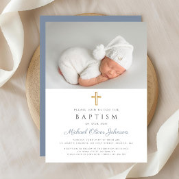 Dusty Blue Religious Cross Boy Photo Baptism Invitation