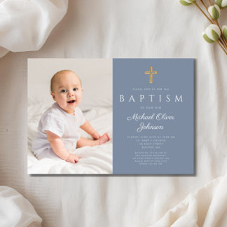 Dusty Blue Religious Cross Boy Photo Baptism Invitation