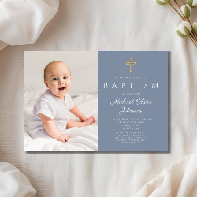 Dusty Blue Religious Cross Boy Photo Baptism Invitation (Dusty Blue Religious Cross Boy Photo Baptism Invitation)