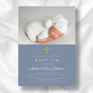 Dusty Blue Religious Cross Boy Photo Baptism Invitation
