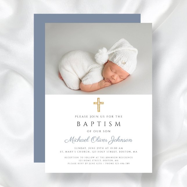 Dusty Blue Religious Cross Boy Photo Baptism Invitation (Dusty Blue Religious Cross Boy Photo Baptism Invitation)