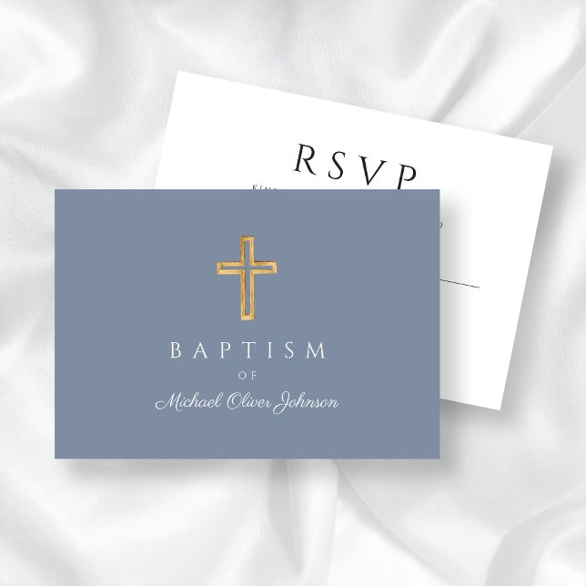 Dusty Blue Religious Wood Cross Boy Baptism  RSVP Card (Dusty Blue Religious Wood Cross Boy Baptism RSVP Card)