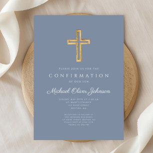 Dusty Blue Religious Wood Cross Boy Confirmation Invitation