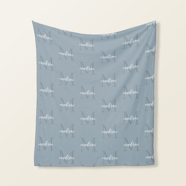 Dusty Blue Repeating Monogram Personalised Name Fleece Blanket (Creator Uploaded)
