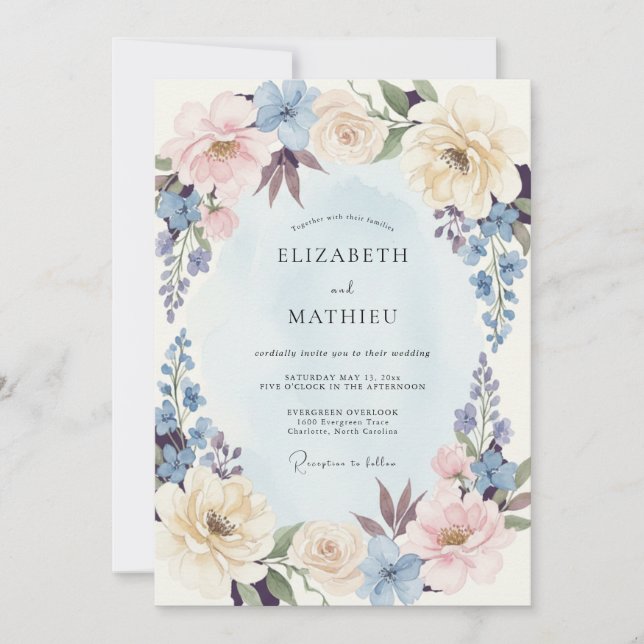 Dusty Blue Resplendent Botanical Wedding Invitation (Front)