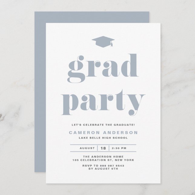 Dusty Blue Retro Bold Typography Graduation Party Invitation (Front/Back)