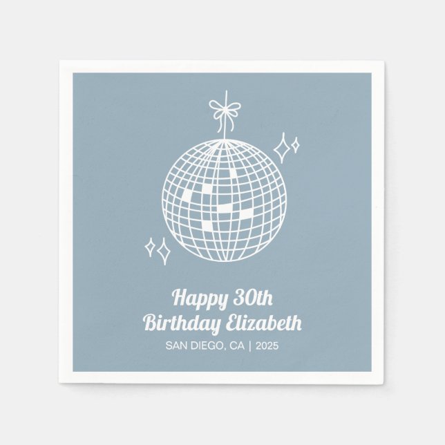 Dusty Blue Retro Disco Ball Birthday Party Napkins (Front)