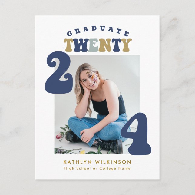 Dusty Blue Retro Groovy Fun Scrip Photo Graduation Invitation Postcard (Front)