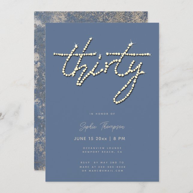 Dusty Blue Rhinestones Calligraphy 30th Birthday Invitation (Front/Back)