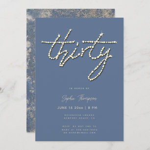 Dusty Blue Rhinestones Calligraphy 30th Birthday Invitation