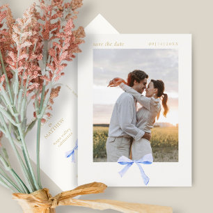 Dusty Blue Ribbon Bow   Off White Save the Date Postcard