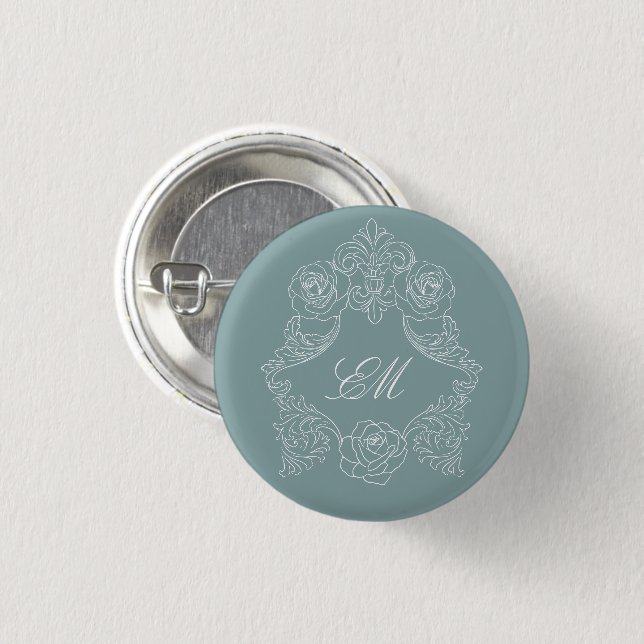 Dusty Blue Rococo Crest Monogram 3 Cm Round Badge (Front & Back)