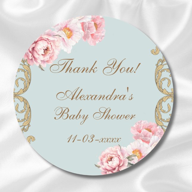 Dusty Blue Rococo Floral Baby Shower Thank You Classic Round Sticker (Creator Uploaded)