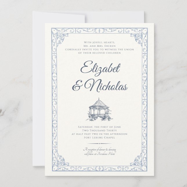 Dusty Blue Rococo Garden Wedding Invitation (Front)