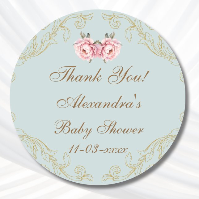 Dusty Blue Rococo Peony Baby Shower Thank You  Classic Round Sticker (Creator Uploaded)