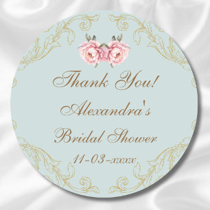 Dusty Blue Rococo Peony Bridal Shower Thank You  Classic Round Sticker