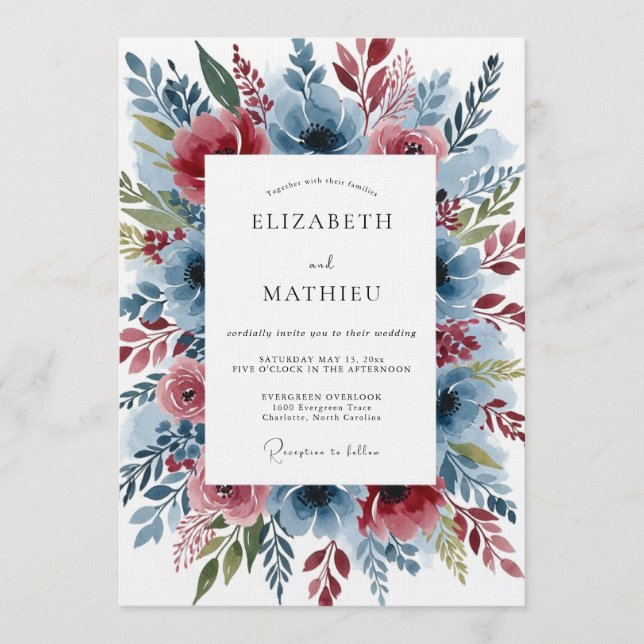 Dusty Blue Romantic Bloom Wedding Invitation (Front)