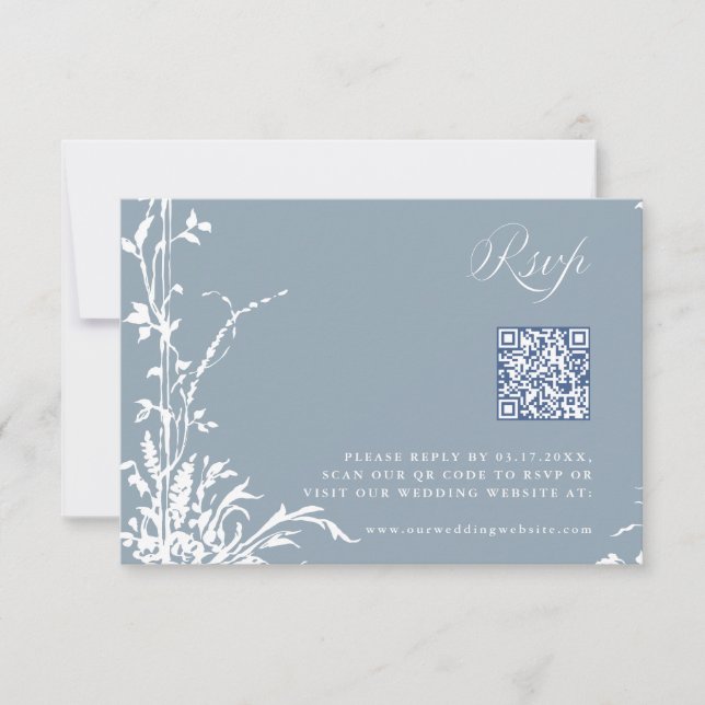 Dusty Blue Romantic Botanical Arch Garden Wedding RSVP Card (Front)
