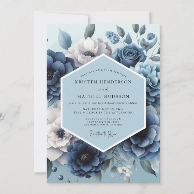 Dusty Blue Romantic Flora Wedding Invitation (Front)