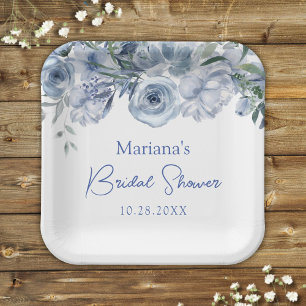 Dusty Blue Romantic Floral Bridal Shower Paper Plate