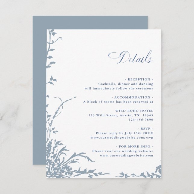 Dusty Blue Romantic Floral Garden Wedding Details Enclosure Card (Front/Back)
