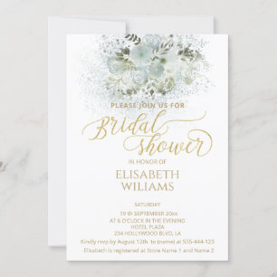 Dusty blue romantic floral gold calligraphy invitation