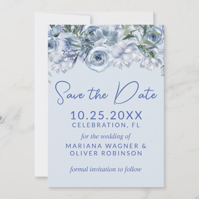 Dusty Blue Romantic Floral Save the Date Invitation (Front)