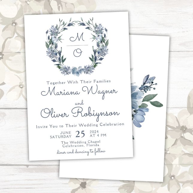 Dusty Blue Romantic Floral Wreath Wedding Invitation (Creator Uploaded)