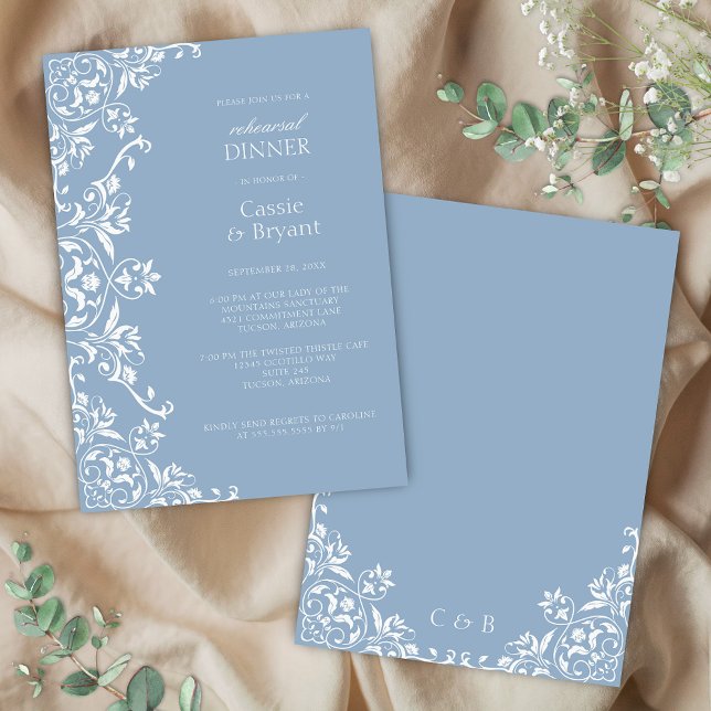 Dusty Blue Romantic Rehearsal Dinner Invitation (romantic dusty blue and white wedding rehearsal dinner invitation for old money bridgerton events)