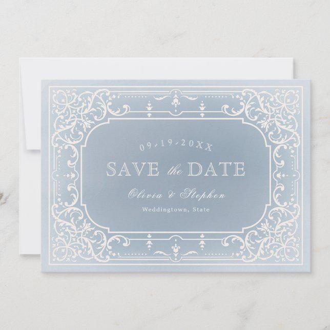 Dusty blue romantic vintage wedding save the date (Front)