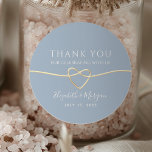 Dusty Blue Rope Heart Wedding Favour Sticker<br><div class="desc">Elegant round wedding favour sticker in soft dusty blue,  with minimalist rope heart and delicate modern script. A perfect touch for jars,  bags,  or thank-you gifts. Personalise with names and date. Coordinates with the Dusty Blue Wedding Suite. For help: bpkolman@gmail.com</div>